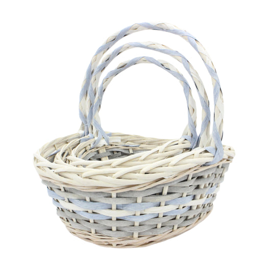 Set 3 Cosuri din Rachita cu Lemn Gri si Sfoara Albastra, Forma Munte Alb