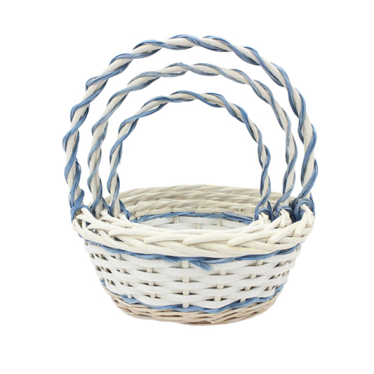 Set 3 Cosuri din Rachita cu Aschii de Lemn, Forma Rotunda, Alb si Albastru