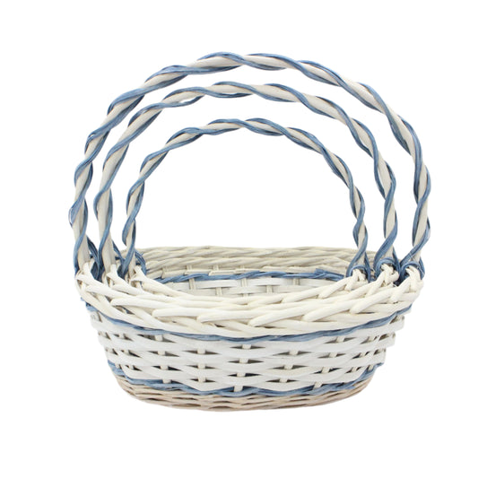 Set 3 Cosuri din Rachita cu Aschii de Lemn, Forma Ovala, Alb si Albastru