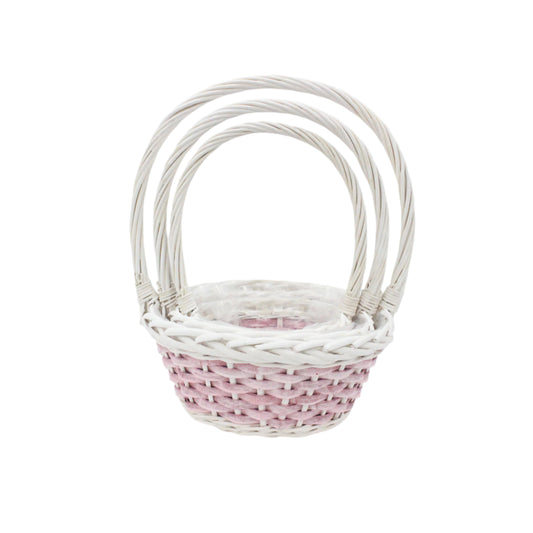 Set 3 Cosuri Rotunde din Rachita Alba cu Aschii de Lemn Roz