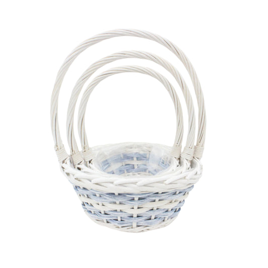 Set 3 Cosuri Rotunde din Rachita Alba cu Aschii de Lemn Albe si Albastre