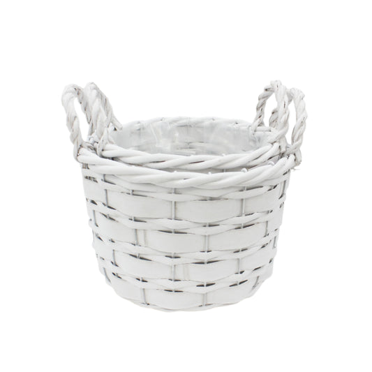 Set 2 Ghivece Rotunde din Rachita Alba cu Aschii de Lemn