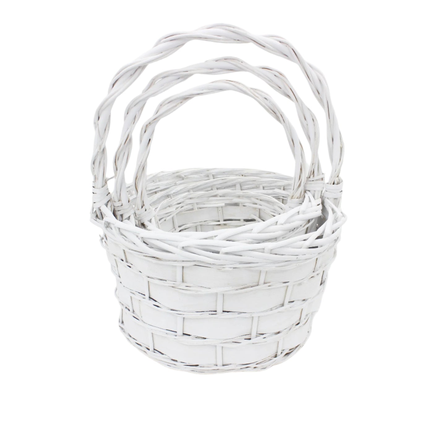 Set 3 Cosuri din Rachita Rotunde Albe cu Aschii de Lemn