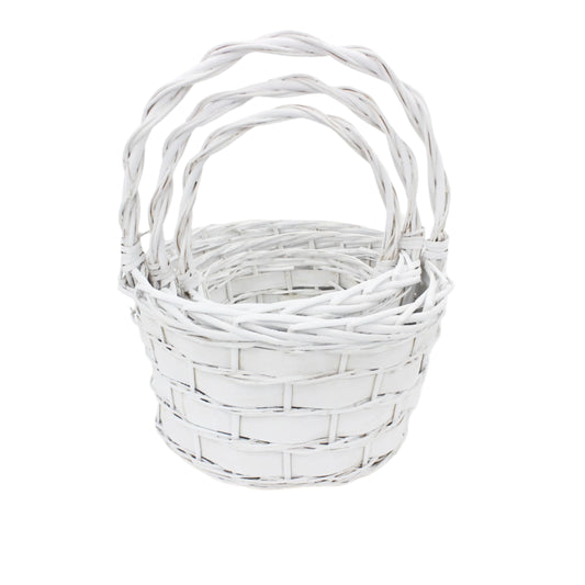 Set 3 Cosuri din Rachita Rotunde Albe cu Aschii de Lemn