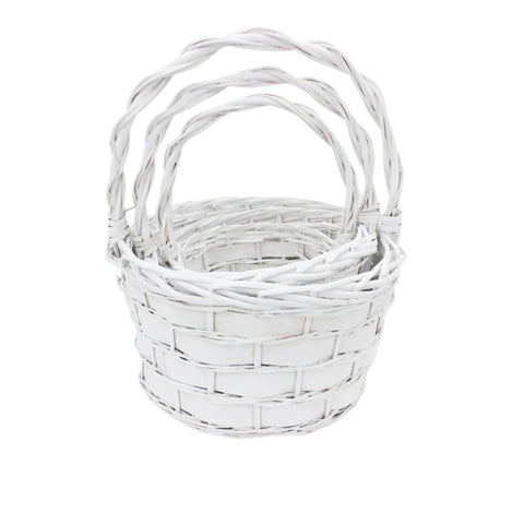 Set 3 Cosuri din Rachita Rotunde Albe cu Aschii de Lemn