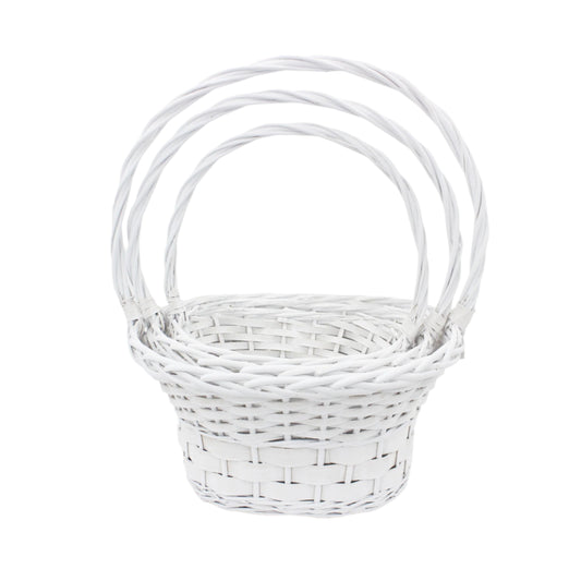 Set 3 Cosuri din Rachita Ovale Albe cu Aschii de Lemn