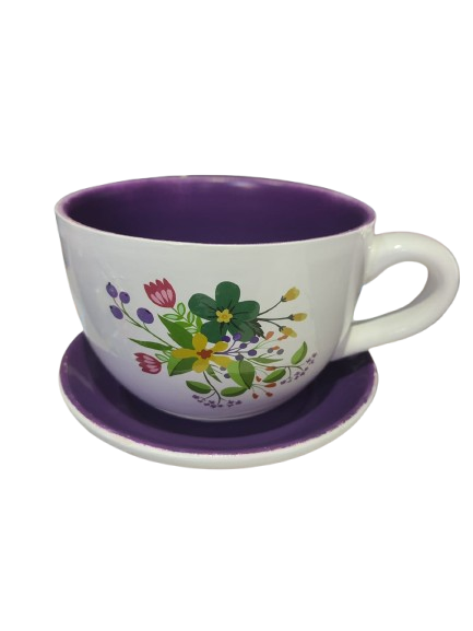 ceasca ceramica cu farfurie pentru aranjamente florale