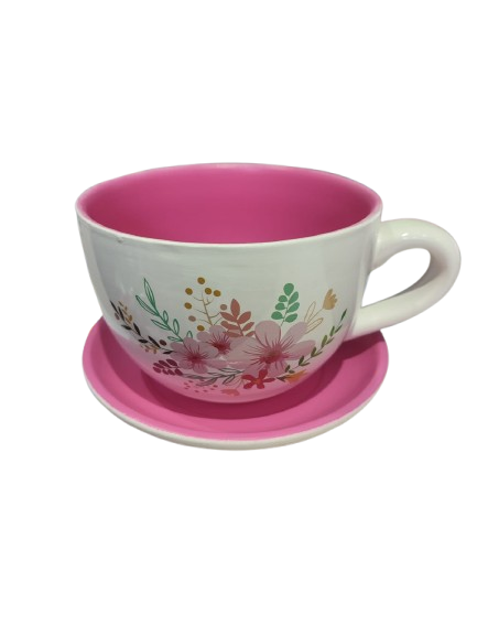 ceasca ceramica cu farfurie pentru aranjamente florale