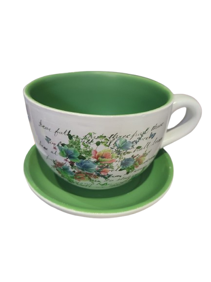 ceasca ceramica cu farfurie pentru aranjamente florale