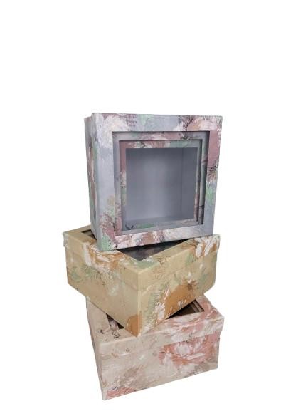 Set 3 cutii patrate florale cu capac transparent