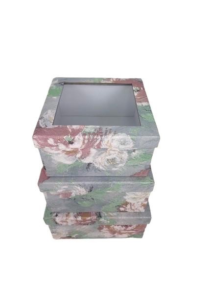 Set 3 Cutii Patrate Florale cu Capac Transparent pentru Flori H10-H12