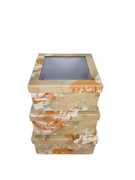 Set 3 Cutii Patrate Florale cu Capac Transparent pentru Flori H10-H12